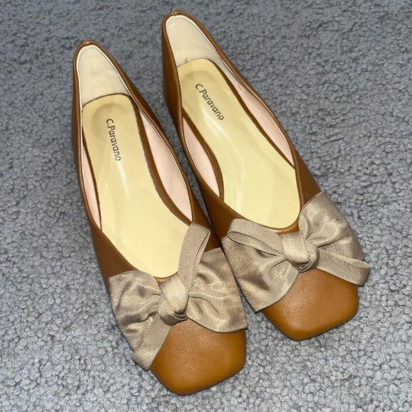 C. PARAVANO EVA COGNAC LEATHER SQUARE TOE BOW BALLET FLATS - EUC  Size EU 38 - Picture 1 of 10